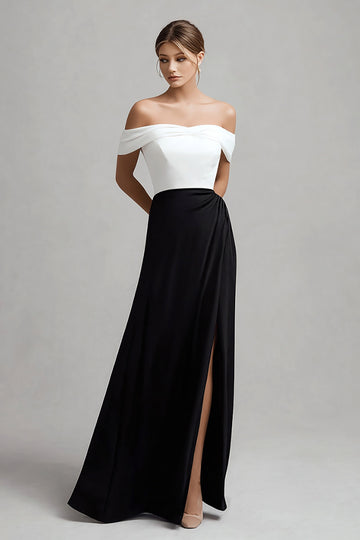 Off The Shoulder A-Line Black and White Formal Dress With Slit